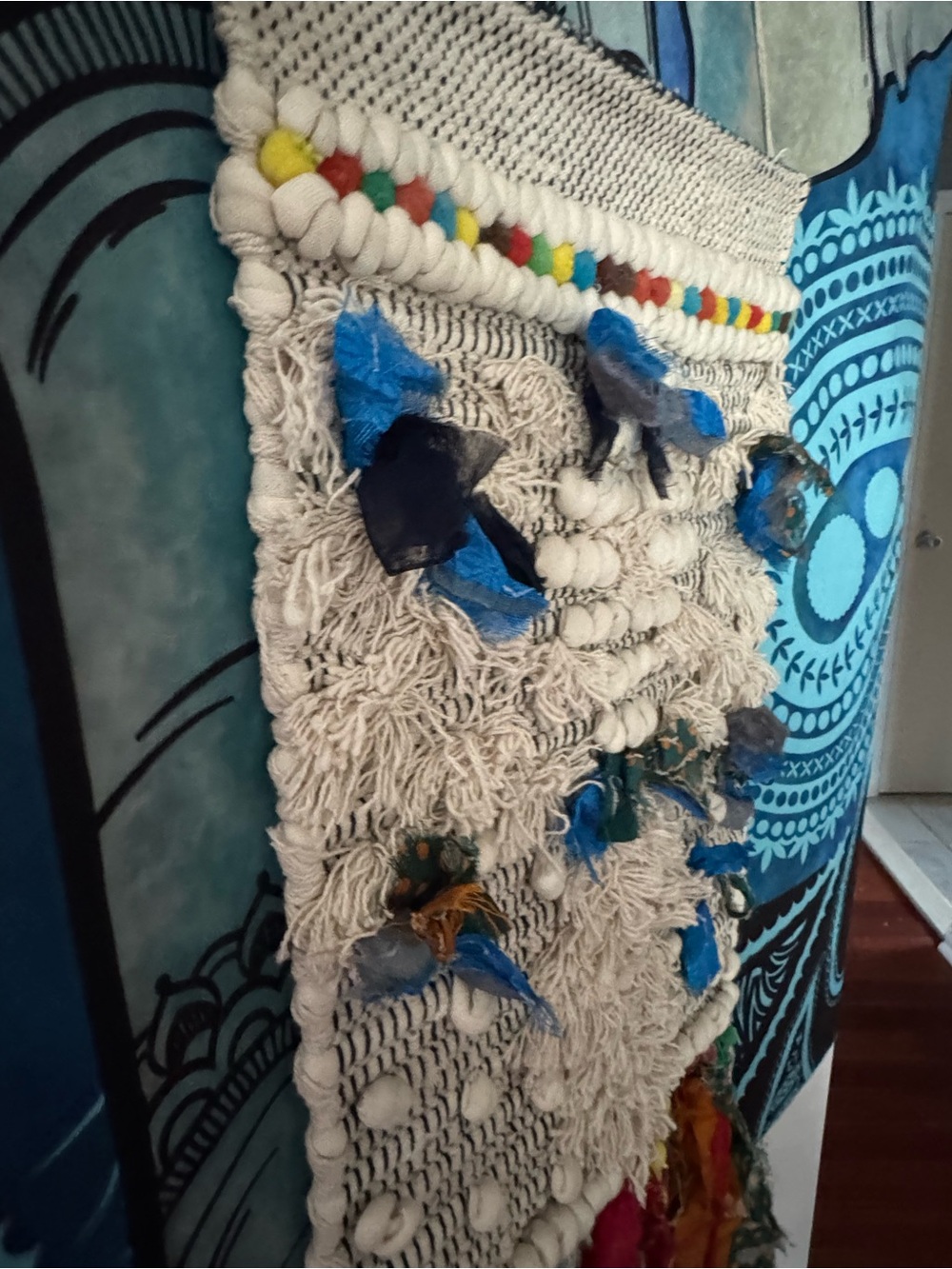Handwoven Cream and Blue Textile Wall Hanging by